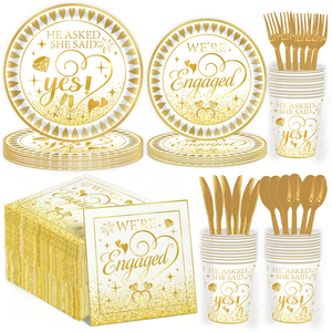 Decoración para Fiesta de Compromiso, Platos y Servilletas con la Frase 'She Said Yes', Juego de Vajilla Desechable Blanco y Dorado para Boda o Despedida de Soltera - Product Image 1