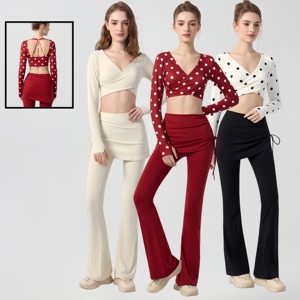 Của phụ nữ yoga thiết lập dài tay áo sâu V mở trở lại Crop <span class=keywords><strong>Top</strong></span> & giả hai mảnh bên dây rút bùng quần mỏng phù hợp với thể thao - Product Image 1