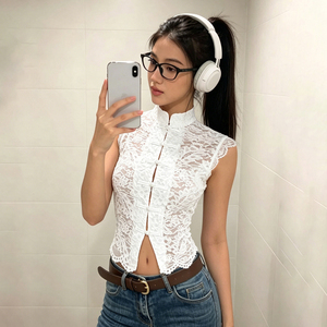 Nouveau débardeur élégant sans manches pour femme, style chinois floral respirant, avec col montant en dentelle blanche et boutons grenouillère - Product Image 5