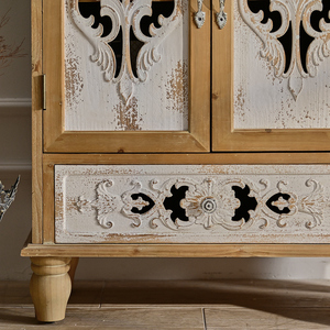 Farmhouse Vintage Storage Unit Flower Carved <b>Rustic</b> Wooden Living Room <b>Cabinet</b> with White 2 Door 1 Drawer - Product Image 4