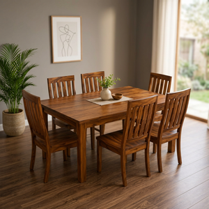 Ensemble de table à manger en teck moderne avec 6 chaises à dossier à lattes verticales - Product Image 1