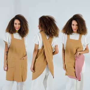 Delantal de lino con espalda cruzada con bolsillos Delantal de lino de 2 colores reversible sin lazos Delantal - Product Image 5