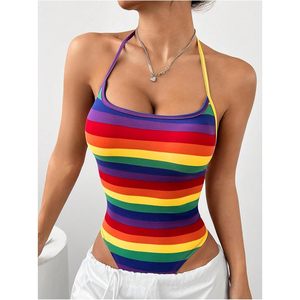 Body de mujer con rayas arcoíris, estilo halter, sin mangas, sin espalda, elástico, top Pride - Product Image 5