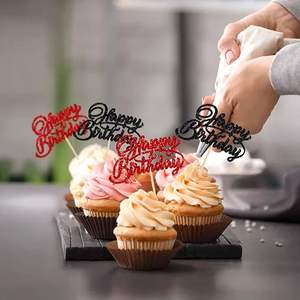 Décorations de cupcakes Joyeux Anniversaire à paillettes, pics à cupcakes Joyeux Anniversaire, décorations de fête à thème Halloween et anniversaire, rouge et noir - Product Image 4
