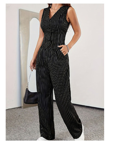 Nouvel ensemble décontracté pour femmes, veste boutonnée et pantalon large à rayures, 2 pièces, tendance - Product Image 6