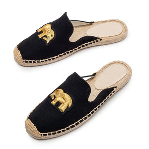 Mules plates noires pour femmes, bout fermé, en toile, broderie éléphant <span class=keywords><strong>doré</strong></span>, à enfiler, tressées, style espadrille d'été - Product Image 2