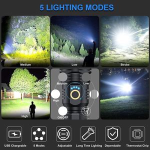 Linterna LED con Zoom USB de 1000 Lúmenes, Linterna Recargable, Foco LED de 12 Voltios, Foco de Mano - Product Image 2