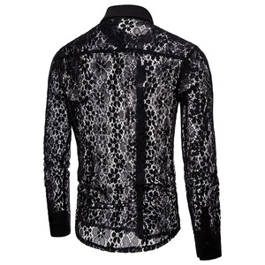 RNSHANGER Chemises d'été pour hommes Sexy à manches longues en <span class=keywords><strong>dentelle</strong></span> de couleur unie Voir à travers Clubwear <span class=keywords><strong>Chemise</strong></span> boutonnée <span class=keywords><strong>Chemise</strong></span> douce et respirante - Product Image 3
