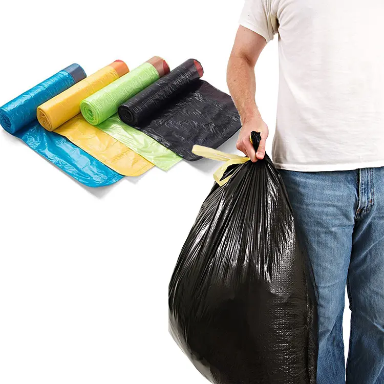 Fornitori di sacchetti di immondizia di plastica giallo verde decomponibili usa e getta su rotolo 50l 120 litri biodegradabili con cravatta