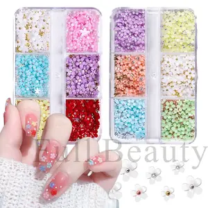 New Design 6 Grid Colorful 3D Diy Nail Art Five Petal Resin Flower Mixed Gold Silver Beads Nail Charms For Nails DIY Decoration