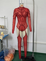 Combinaison Rouge à Strass avec Grandes Pierres Acryliques, Maille Transparente Découpée, Col Roulé, Manches Longues, pour Spectacle Drag, Gogo, Danse Scénique, Costume d'Halloween