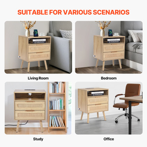 <b>Rattan</b> Nightstand With Drawer Open Shelf Solid Wood Legs Boho <b>Bedside</b> <b>Table</b> Storage Drawers - Product Image 5