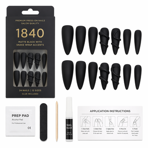 Ongles à presser en PMMA noir mat certifiés CE, motif serpent, longs, forme stiletto, couverture complète, design personnalisé pour les doigts - Product Image 2