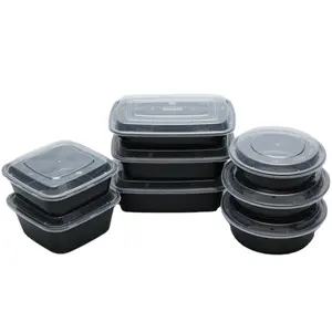Круглый прямоугольный квадратный черный безопасный пластиковый контейнер для микроволновки, пищевой контейнер для еды на вынос, коробка для ланча с крышкой, 150 шт. в упаковке