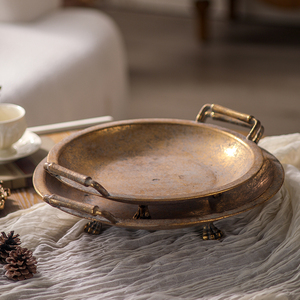Vintage Gold Metal Distressed Iron Hotel <strong>Table</strong> Decorative <strong>Round</strong> Serving <strong>Trays</strong> for Home Decor - Product Image 4