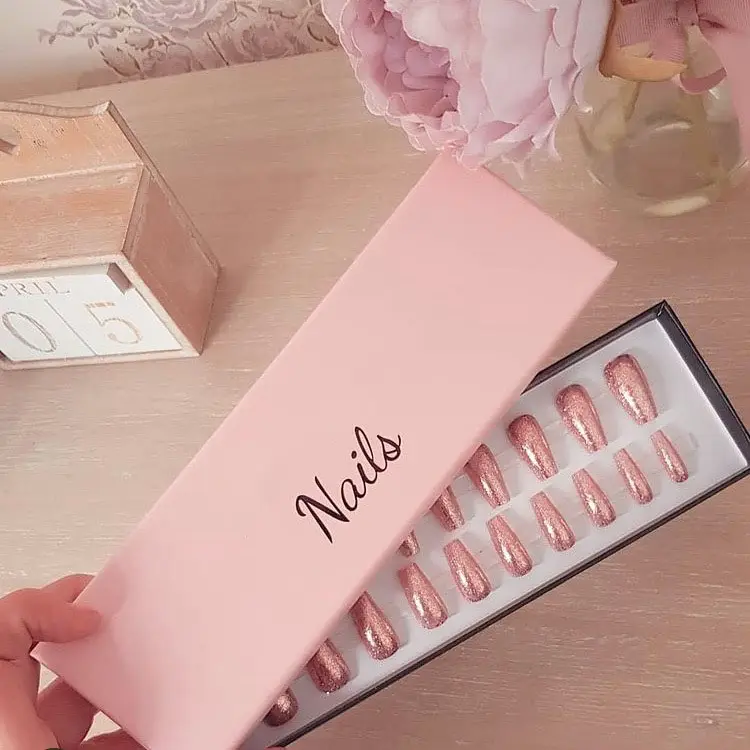 Cajas rosas para uñas postizas, diseño de logotipo personalizado, caja de embalaje para uñas postizas