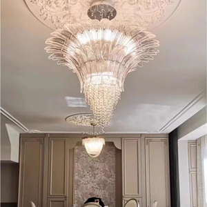 Lustre vintage français Art Déco en fer et cristal, luminaire suspendu en métal cannelé à plusieurs niveaux pour salon et chambre à coucher - Product Image 2