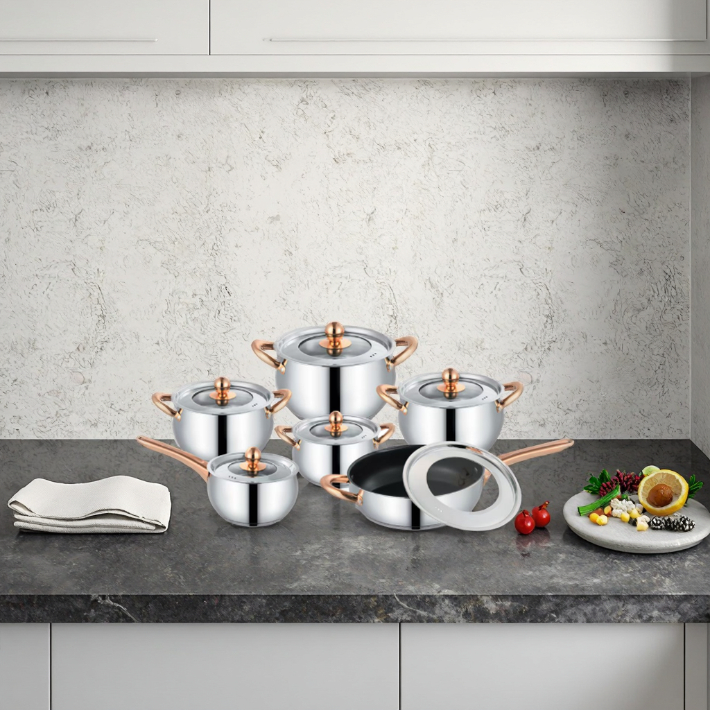 Modern Eco-friendly Stainless Steel Soup Pot Set Belly Shaped 12PCS Thickened Double Bottom Glass Cover Rose Gold Handle Pots · image 6