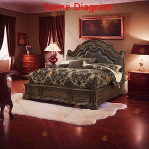 Lit Double Art du Cuir Style Américain Deluxe en <span class=keywords><strong>Bois</strong></span> Massif, Lit Vintage Français Simple Campagnard 1.8m, Meuble de <span class=keywords><strong>Chambre</strong></span> à Coucher Principale - Product Image 3