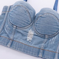 Top corset en jean pour femme avec strass, bustier sexy push-up pour soirée, danse, tube en jean bleu, bretelles spaghetti, soutien-gorge