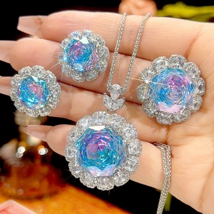 High End Eco-friendly Copper Color Stone 18-16mm Gradient Zircon Necklace <b>Earrings</b> Ring Jewelry Sets for Wedding Bridal Set - Product Image 3