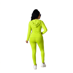 Conjunto Deportivo de Mujer con Capucha en Verde Neón, Cierre Completo con Cremallera, Estilo Deportivo, Spandex y Algodón, Color Sólido, Corte Regular, Transpirable - Product Image 3