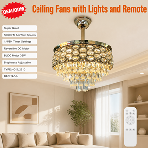 Ventilateur de plafond en cristal avec lumière et télécommande, ventilateurs de plafond décoratifs dorés avec lumières LED à intensité variable, 6 vitesses, super silencieux - Product Image 1