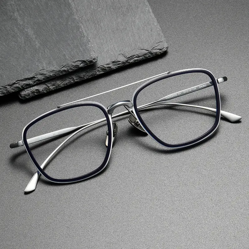 Traditional Design Men's Large Acetate Semi Titanium Double Beam High Myopia Anti Blue Ray Optical Glasses Frame