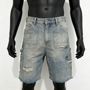 Shorts en jean vintage 100 % coton, peints à la main, effet vieilli, délavage léger, fermeture éclair en cristal, style streetwear - Product Image 5