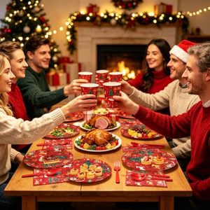 <b>Christmas</b> Disposable Tableware Set Paper & Plastic <b>Plates</b> Napkins Cups Straws Cutlery Red Holiday Design Party Supplies - Product Image 2
