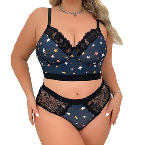 Ensemble de lingerie sexy grande taille européenne et américaine, soutien-gorge push-up taille haute 4XL, sous-vêtements fins à imprimé floral - Product Image 1
