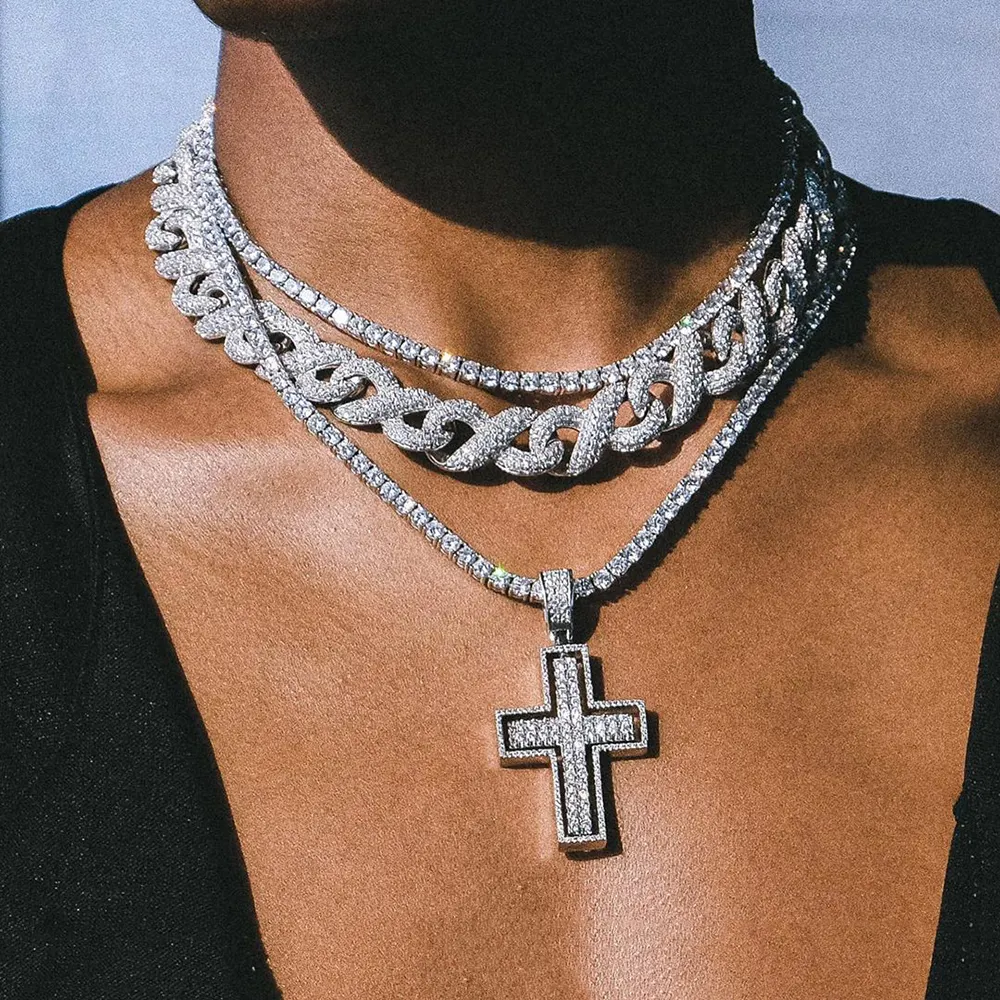 Rotated Iced Out Pave Setting Cubic Zirconia Cross Pendant Hip Hop Rapper Jewelry Rotating Cross Pendant Necklace