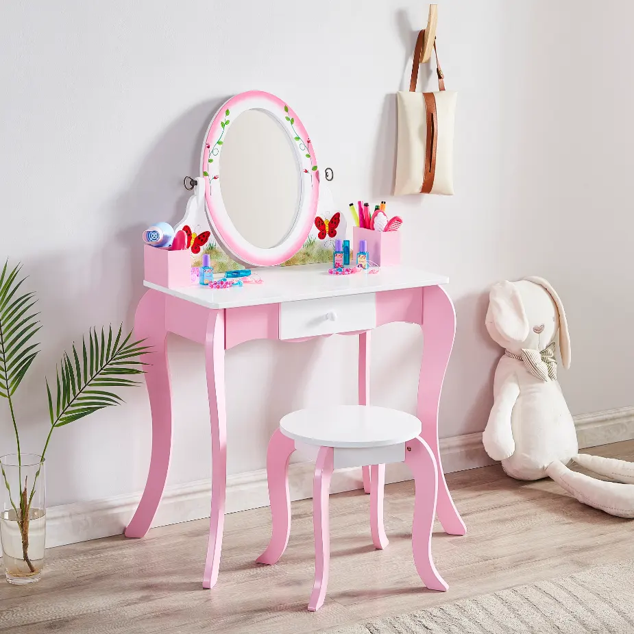 โต๊ะเครื่องแป้งแต่งหน้าสีชมพูสำหรับเด็กผู้หญิง,โต๊ะเครื่องแป้งไม้พร้อมกระจกสำหรับแต่งตัวเจ้าหญิง