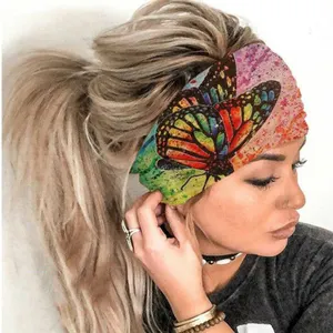 Stretchy Color Print Yoga Sports Workout Wide Headwraps Boho Butterfly Elastic Turban Headbands For Women