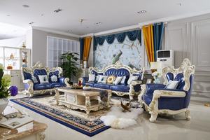 रॉयल नई मॉडल कमरे में रहने वाले सेट बड़ा ठोस लकड़ी के फ्रेम नक्काशीदार नीले शुद्ध चमड़े के सोफे - Product Image 2