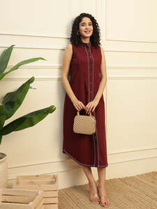 Solid Cotton Tucks A-Line Shirt <b>Dress</b> for Women Mandarin Collar <b>Sleeveless</b> Ankle Length Regular Fit <b>Summer</b> Western Party Casual - Product Image 1