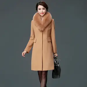 2020 여성 가짜 모피 칼라 코트 겉옷 겨울 의류 패션 두꺼운 따뜻한 모직 혼합 여성 우아한 모직 코트