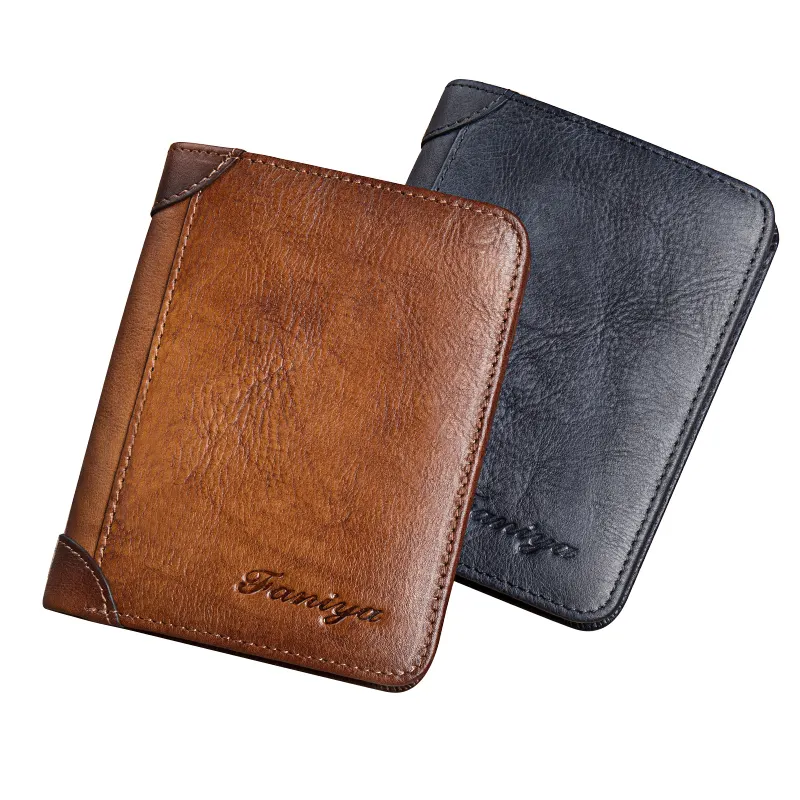 Brown Full Grain Genuine Leather Short Wallet Men Crazy Horse Anti Rfid Blocking Pure Leather Bifold Wallet For Man