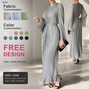 Abito Estivo da Donna <span class=keywords><strong>in</strong></span> Cotone e <span class=keywords><strong>Lino</strong></span>, Casual, Lungo, con Collo a O, Maniche Lunghe, Righe Verticali, Plissettato, con Cintura <span class=keywords><strong>in</strong></span> Vita, Linea A - Product Image 1