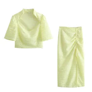 Женская Повседневная Блузка с квадратным воротником и коротким рукавом, зеленая длинная юбка на молнии, комплект из 2 предметов