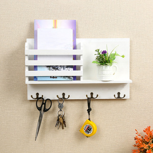 White Wall Mounted Storage <b>Rack</b> With Hooks For Keys Mail And Office Organizer Single Layer Rectangle <b>Shelf</b> For Kitchen Bedroom - Product Image 2