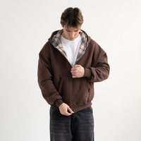 Sweat à capuche unisexe personnalisé en molleton de coton épais, à carreaux, brodé, doublé, lavé, réversible et zippé