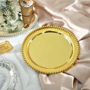 2024 New European luxury Pearl round creative iron art Gold charger plate 35cm wedding table tray