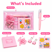 Ensemble de papeterie rose Kawaii, kit de fournitures scolaires avec stylo gel, notes adhésives, clips à papier, clips de reliure, feuille d'autocollants, pochette en PVC