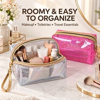 Pochette cosmétique personnalisée en PVC imperméable à paillettes, transparente, pour voyage, trousse de toilette, maquillage, avec sangle de poignet, logo OEM, couleur et taille personnalisables