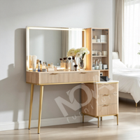 Coiffeuse cannelée avec miroir LED éclairé et prise de courant, multifonctionnelle, moderne, pour chambre, salle de bain, appartement, coiffeuse cosmétique