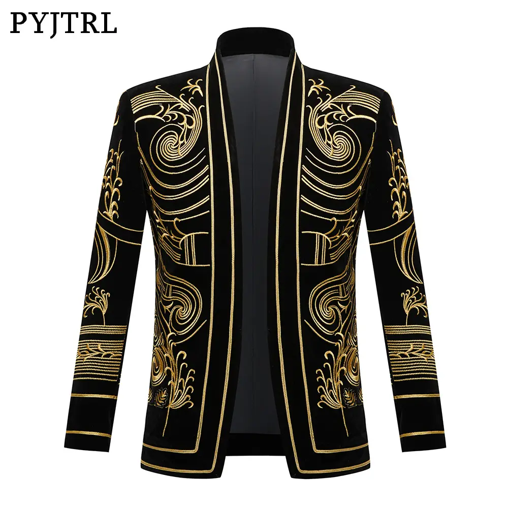 High Quality Velvet Tuxedo Black Gold Suit Men Embroidered Blazer Mens Blazers For Stage Singer Performance Costume