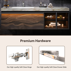 Mobile <span class=keywords><strong>Bagno</strong></span> Sospeso di Lusso Stile Hotel con Top in Quarzo e Armadietto a Specchio LED Intelligente in Legno Massello - Product Image 4