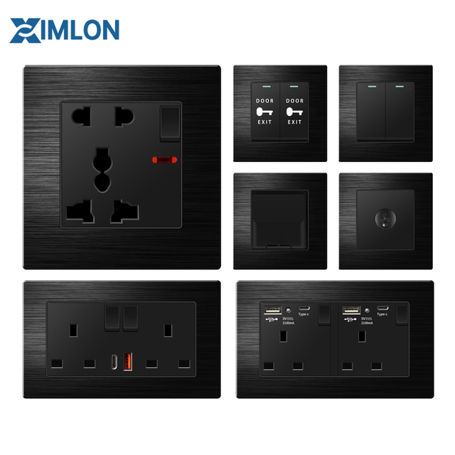 XIMLON Black Aluminum Modern Luxury UK Wall Switches High Quality Best Selling 1/2/3/4 Gang Double Pole 20A Power