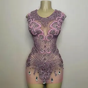 <span class=keywords><strong>Mini</strong></span> abito <span class=keywords><strong>trasparente</strong></span> con diamanti 2024 senza maniche O collo di Ocstrade Haute Couture rosa <span class=keywords><strong>vestito</strong></span> da Club strass Party abito Sexy - Product Image 1